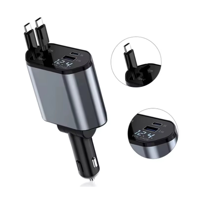 4-in-1 120W Fast Car Charger β Retractable Cable & USB-C