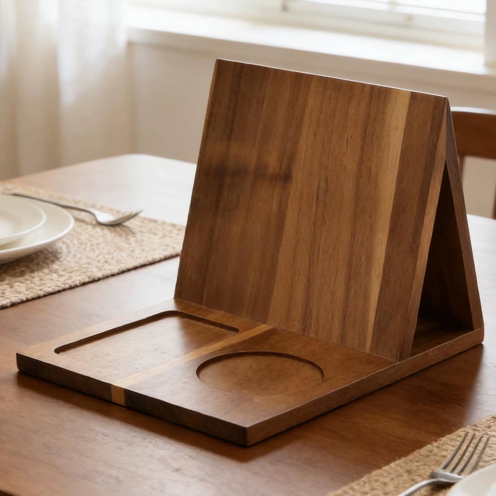 Wooden Book Stand with Drink Holder Wooden Triangle Bookmark Reading Rest with Slotted Triangle Book Stand Display Bookshelf