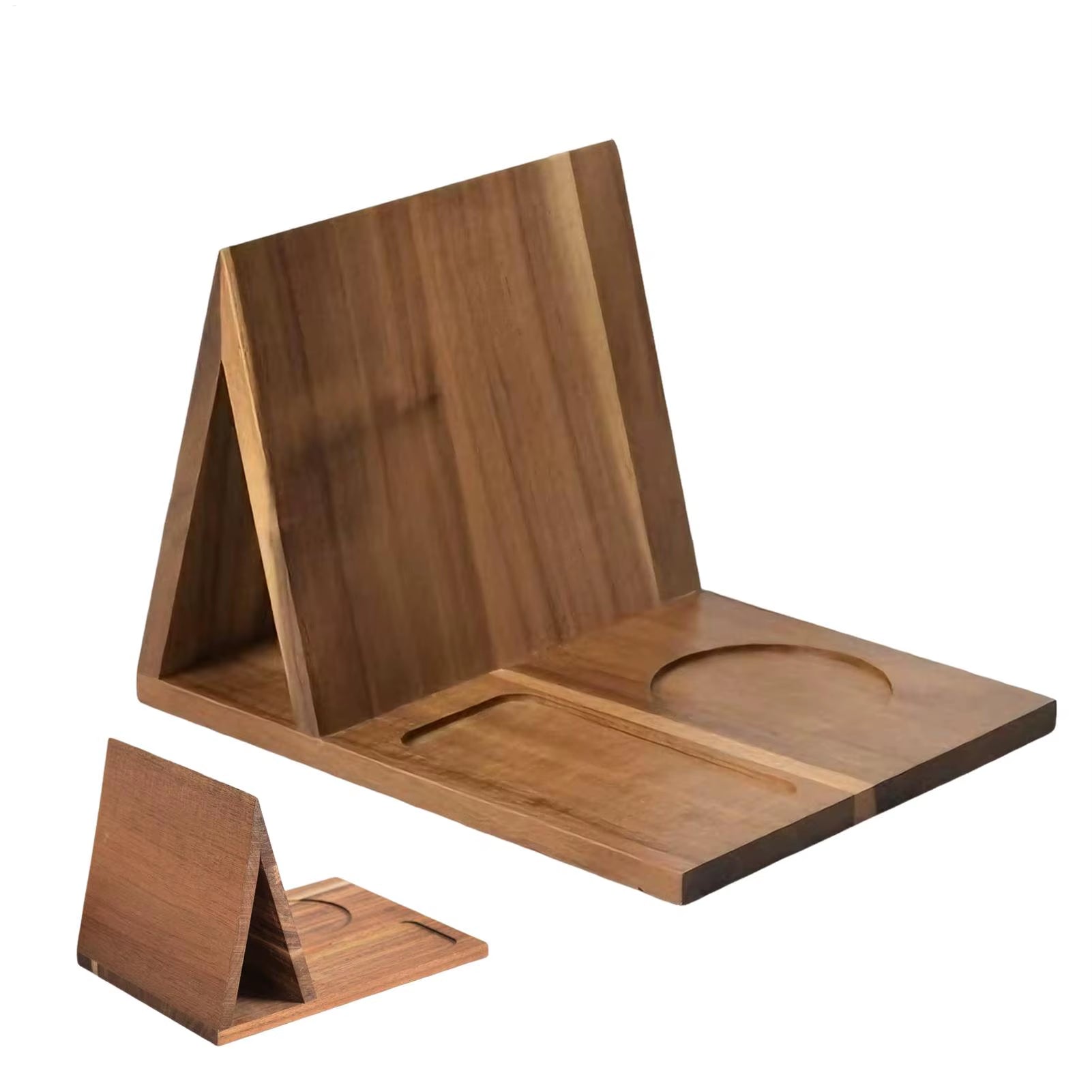 Wooden Book Stand with Drink Holder Wooden Triangle Bookmark Reading Rest with Slotted Triangle Book Stand Display Bookshelf