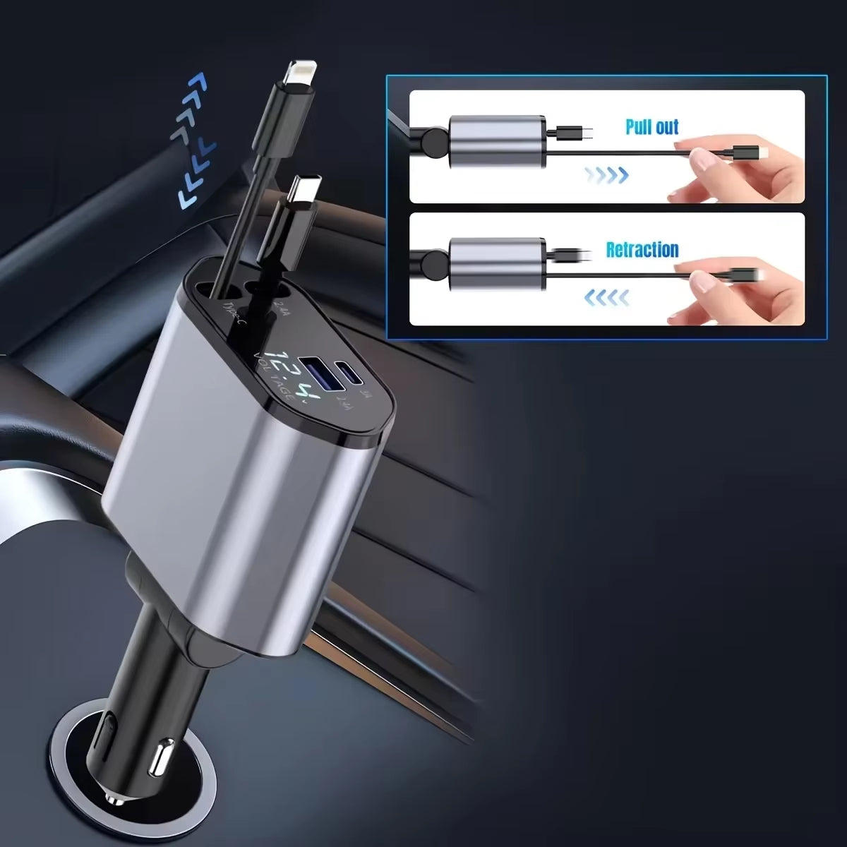 4-in-1 120W Fast Car Charger – Retractable Cable & USB-C