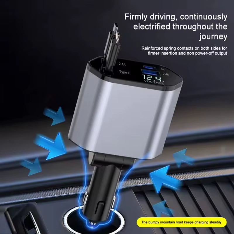 4-in-1 120W Fast Car Charger – Retractable Cable & USB-C