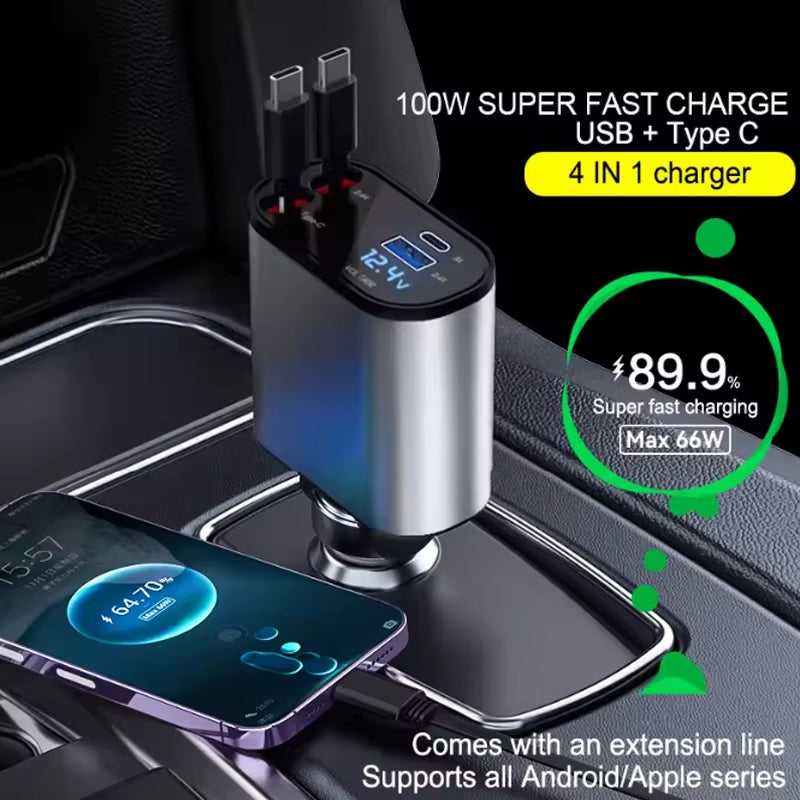 4-in-1 120W Fast Car Charger – Retractable Cable & USB-C