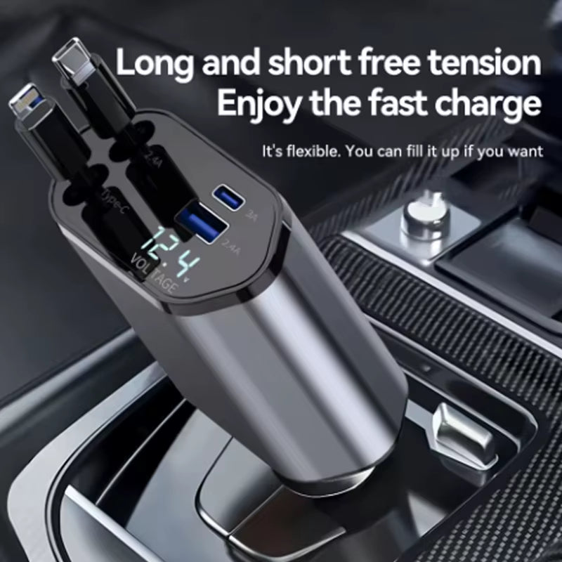 4-in-1 120W Fast Car Charger – Retractable Cable & USB-C