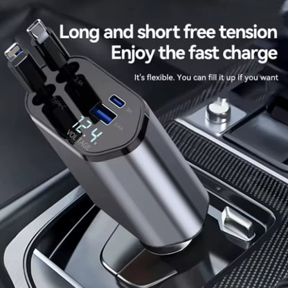 4-in-1 120W Fast Car Charger – Retractable Cable & USB-C