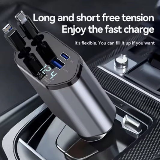 4-in-1 120W Fast Car Charger – Retractable Cable & USB-C