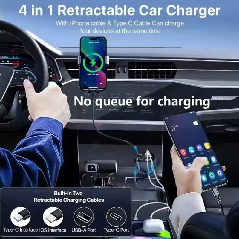 4-in-1 120W Fast Car Charger – Retractable Cable & USB-C