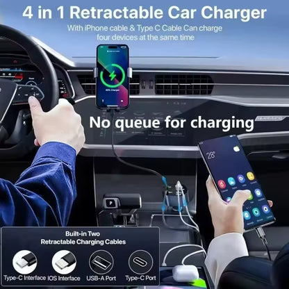 4-in-1 120W Fast Car Charger – Retractable Cable & USB-C