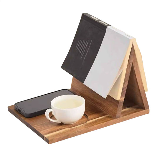Wooden Book Stand with Drink Holder Wooden Triangle Bookmark Reading Rest with Slotted Triangle Book Stand Display Bookshelf