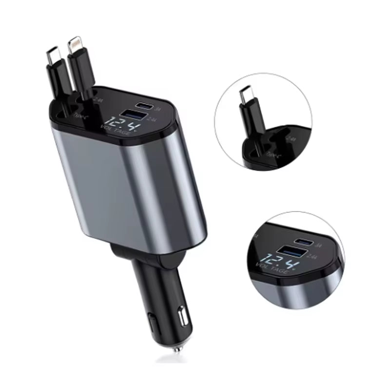 4-in-1 120W Fast Car Charger – Retractable Cable & USB-C