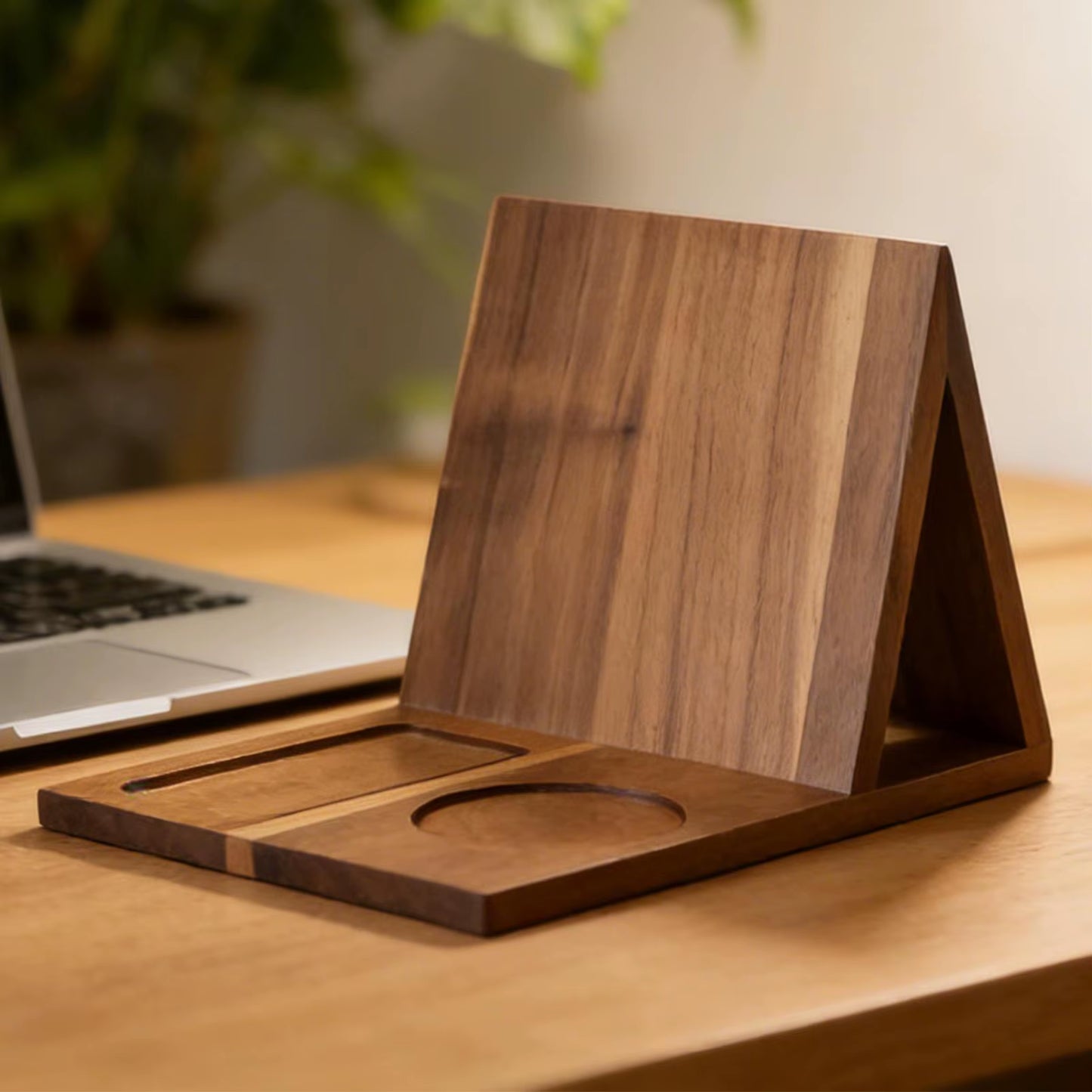 Wooden Book Stand with Drink Holder Wooden Triangle Bookmark Reading Rest with Slotted Triangle Book Stand Display Bookshelf