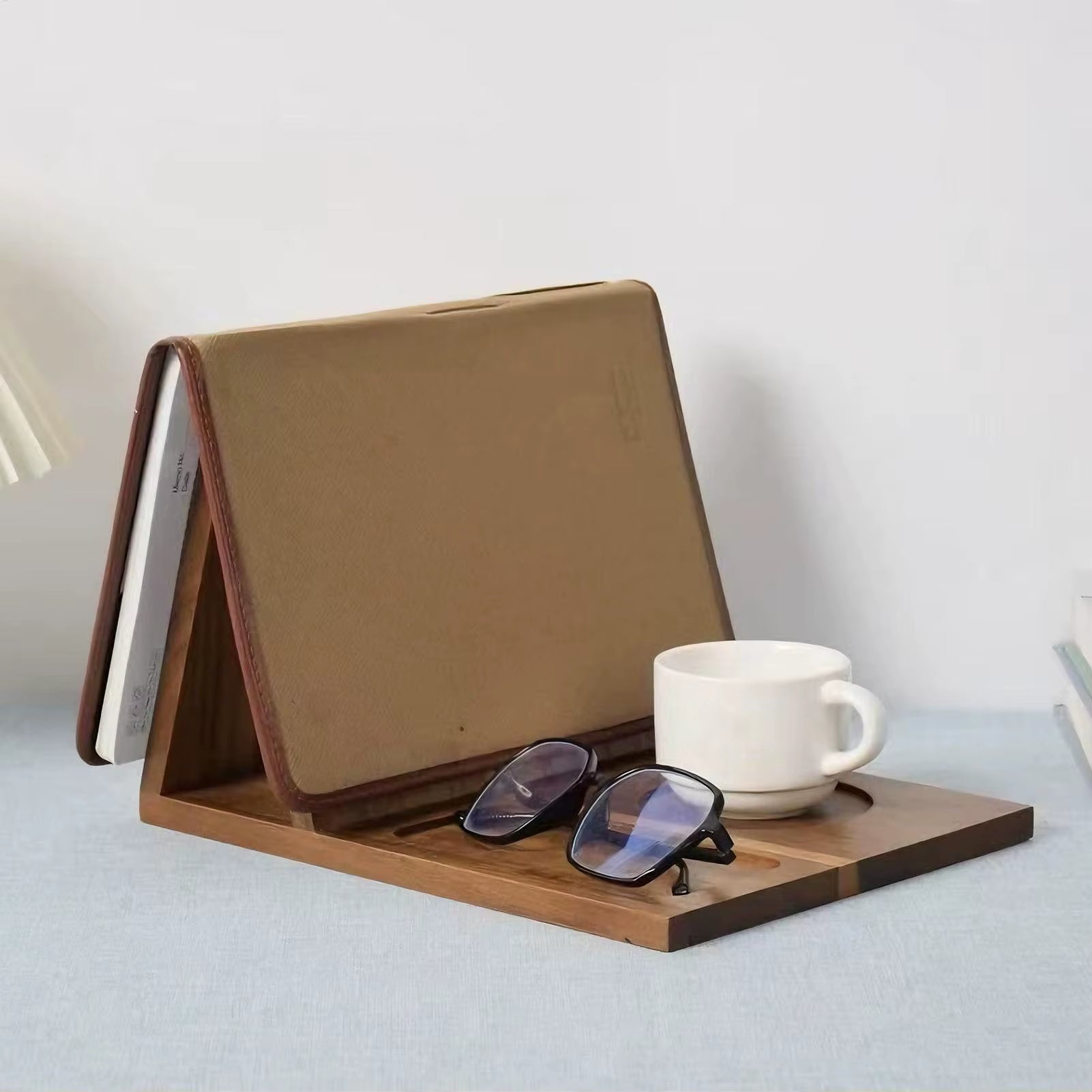 Wooden Book Stand with Drink Holder Wooden Triangle Bookmark Reading Rest with Slotted Triangle Book Stand Display Bookshelf