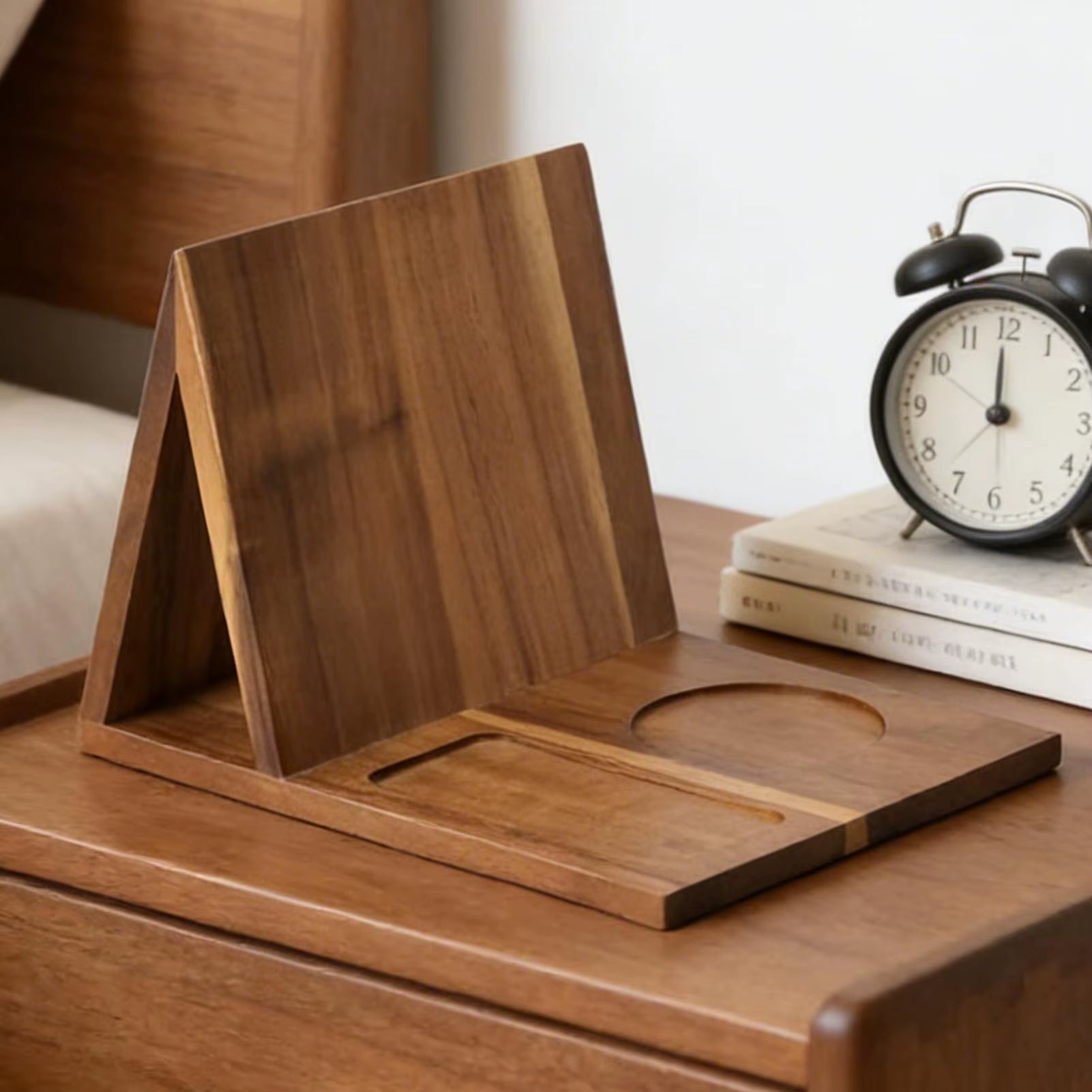 Wooden Book Stand with Drink Holder Wooden Triangle Bookmark Reading Rest with Slotted Triangle Book Stand Display Bookshelf